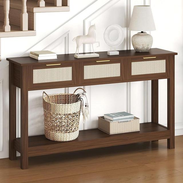 Luoxiao Console Table for Entryway with 3 Rattan Drawers Boho Entry Table with Storage Open Shelf, Narrow Long Sofa Tables for Living Room, Hallway, Foyer, Couch, Front Door, Walnut, 47 Inch