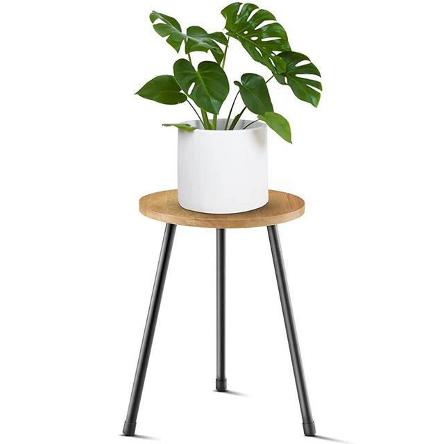 KINNARY Indoor Plant Stand, Mid Century Wood Plant Stand Plant Table for Flower Pots, Tall Metal Plant Holder, Modern Home Decor Small Round Side End Table (11.8"x16")