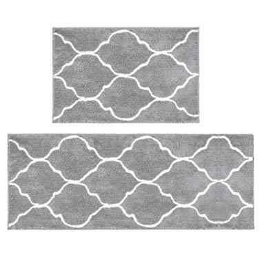 HEBE Microfiber Bath Rug Set 2 Piece Non Slip Absorbent Bath Mats Runner Set for Bathroom Shaggy Bathroom Rug Runner Machine Washable (26"x18"+48"x18", Grey)