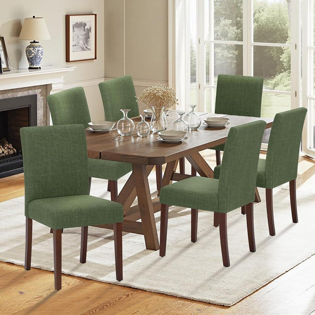 Homixis Upholstered Dining Chairs Set of 6 - Line Fabric Modern Farmhouse Kitchen Chairs, High-Back Dining Room Chairs with Wooden Legs
