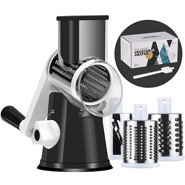 Rotary Cheese Grater Cheese Shredder - Manual Cheese Grater with Handle Vegetable Slicer Nuts Grinder 3 Replaceable Drum Blades and Strong Suction Base Free Cleaning Brush