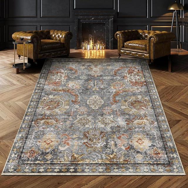 RUGSURE Washable Area Rugs - Perfect for Living Room, Bedroom, Kids Room, Nursery - Stain & Water Resistant Non-Slip, Pet & Child Friendly, Vintage Tribal Area Rugs (Turmeric and Grey, 8' x 10')
