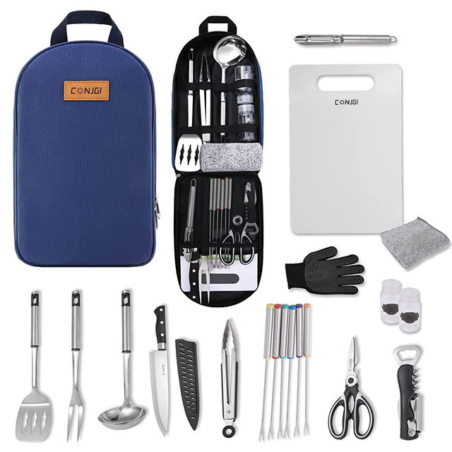 CONJGI Portable Camping Cooking Utensils Set - 19 PCS Outdoor Cookware Camping Set with Carrying Bag,Camping Accessories Cooking for Barbecues, Backyards, RV Trips and Open Dinner