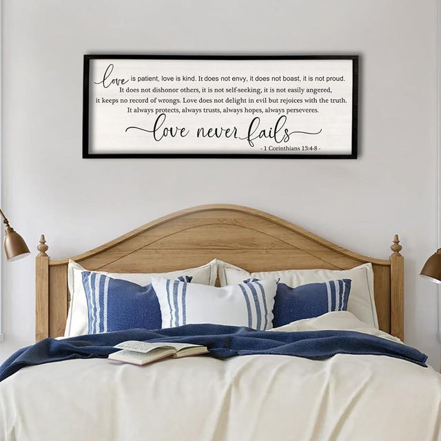 flowtorely Love is Patient Love is Kind Wall Art Decor 40"X15" Love Never Fails Sign 1 Corinthians 13 Bedroom Above Bed Large Bible Verse Quote Scripture Christianity Hanging Sign (Black)