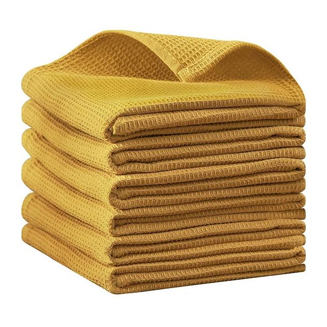 QUILTINA Kitchen Towels 100% Cotton Absorbent Dish Towels Set, Waffle Weave Hand Towels, Ultra Soft Dish Drying Towels, Quick Drying Dish Towel Mustard Yellow - 17 x 25 Inches, 6 Pack