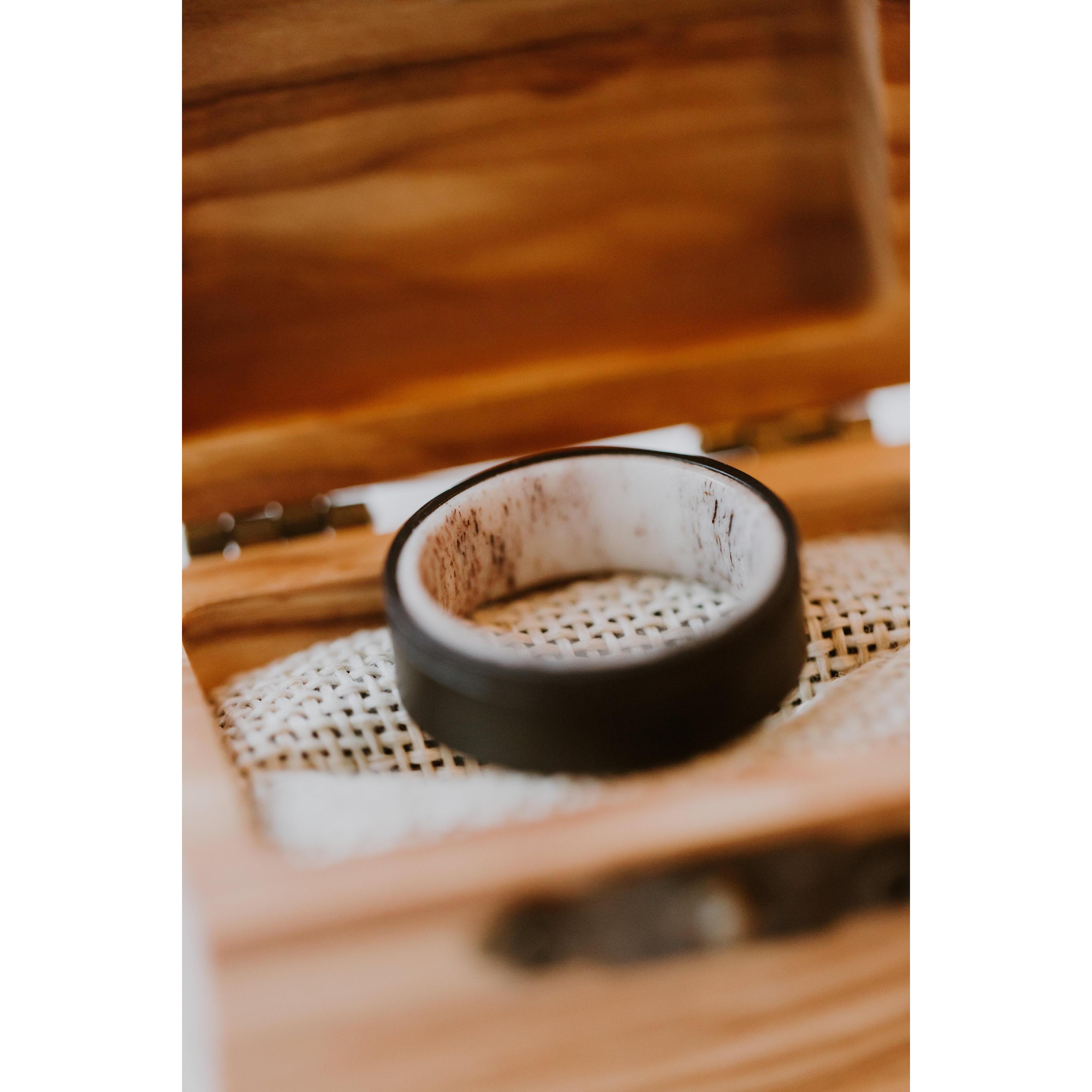 Ladies, we have all the options. Ring shopping for guys is surprisingly dull! I finally decided to have Andrew's ring special made from titanium and shaved antler.