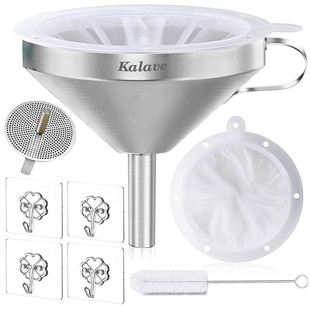 KALAVE Premium Stainless Steel Funnel, 5 Inch Food Grade Kitchen Funnels with 200 Mesh Food Filter Strainer, Metal Funnel for Filling Bottles, Food Funnel for Oils, Juice, Wine, Coffee, Milk
