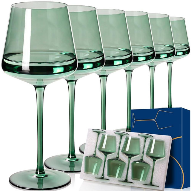 Cyrelwing Green Wine Glasses Set of 6,18oz green Wine Glassware Gift Set for Wife & Mom-Colorful Hand Blown Glass Drinkware for Red White Wine