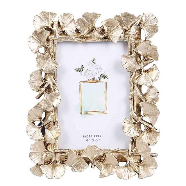 HuiDao Resin Picture Frame 4x6 Vintage Ginkgo Leaves Vertical Decorative Picture Photo Frame Stand Holder for Home Office Bedroom Table Desk Display (Light Gold)