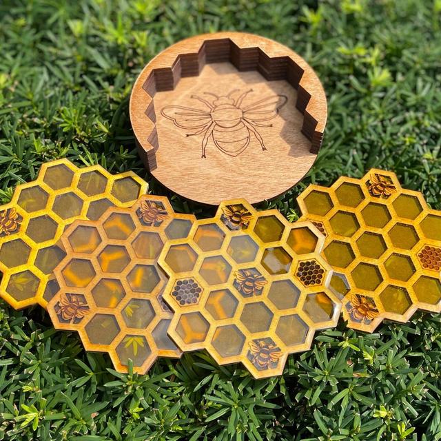ORIGINAL Handmade Honey Bee Coasters - Set of 4 Coasters & Holder - Honeycomb Coasters - Wood Resin Coasters - Bee Decor - Bee Kitchen