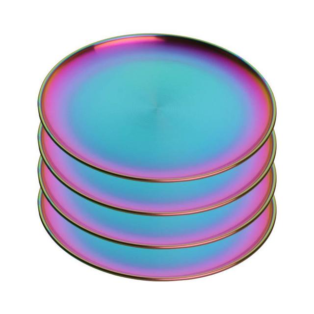 4-Piece Stainless Steel Dinner Plates, Mingcheng 9.1 Inch Colorful Metal Platter for Camping, Dishwasher Safe and Not Easy To Scratch (Rainbow)