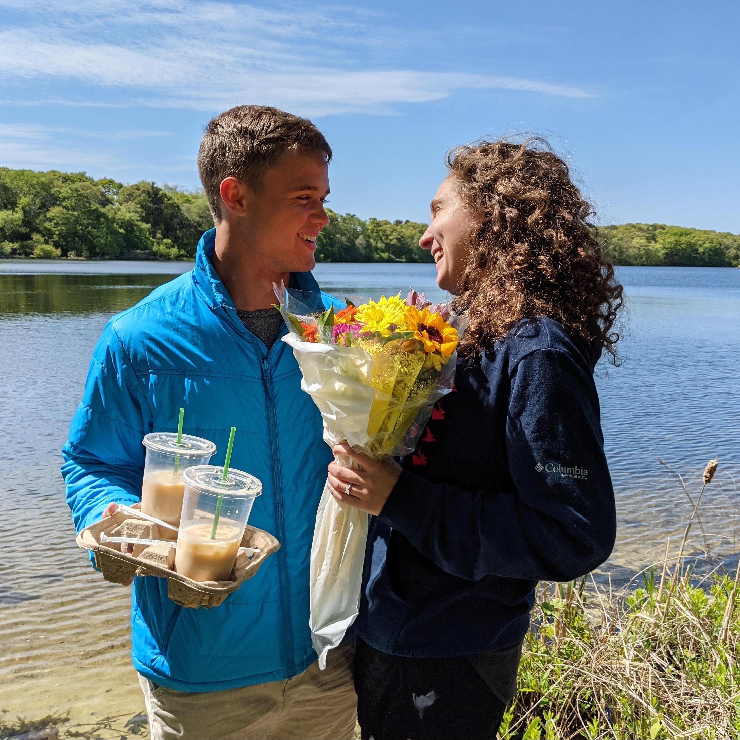 Walker proposed after surprising Anna with flowers and coffee from our favorite Cape coffee spot--Coffee Obsession