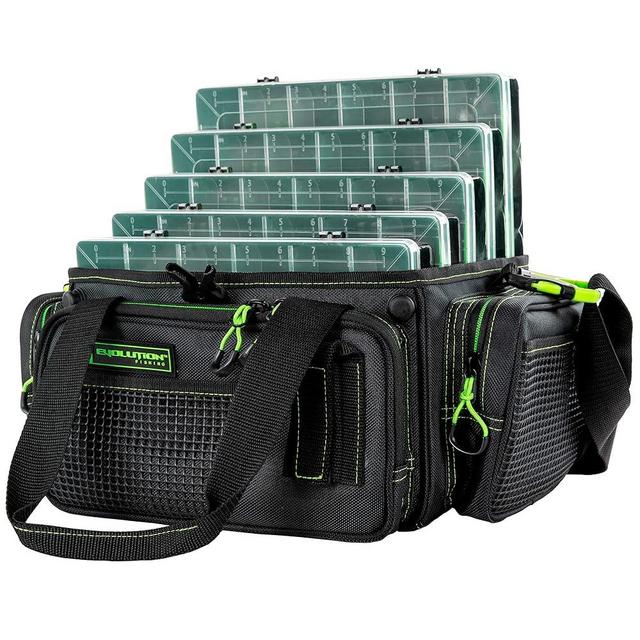 Evolution Outdoor Drift Series Topless Horizontal Tackle Bag – Green, 3700 Size, Outdoor Rucksack w/ 5 Fishing Tackle Trays, Padded Handle and Shoulder Strap, Plier Holster, Tackle Carrying Case