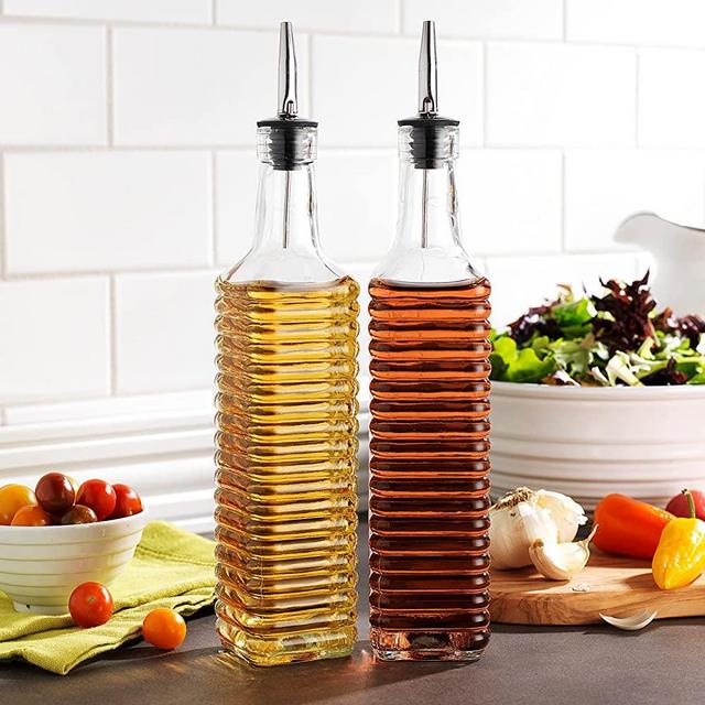MosJos Oil and Vinegar Dispenser Set - 17 oz Ribbed Glass Olive Oil & Vinegar Cruet Set - Non-Drip, BPA-Free, Dishwasher Friendly Bottles with Stainless Steel Spouts