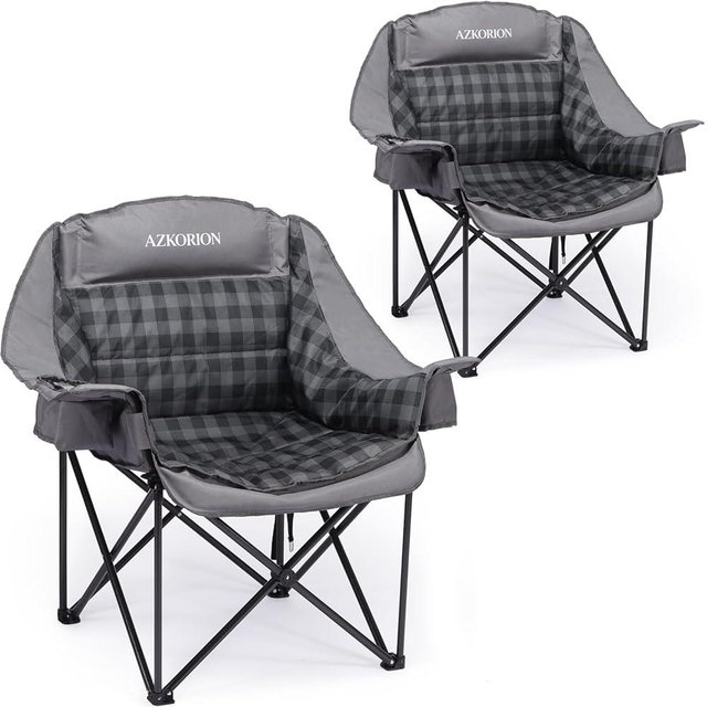 AZKORION 2 Pack Oversized Camping Chair for Adults, Portable Heavy Duty Padded Outdoor Chairs with Phone Pouch and Side Cup Holder for Camping, Fishing, Beach, Sports, Supports 500lbs