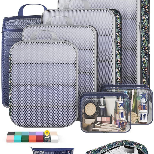 Veken 9/11 Set Compression Packing Cubes for Travel Essentials,Compressible Expandable Large Luggage Suitcase Organizer Bags for Clothing,Durable Space Saver Storage Bags(Dark Blue Floral)