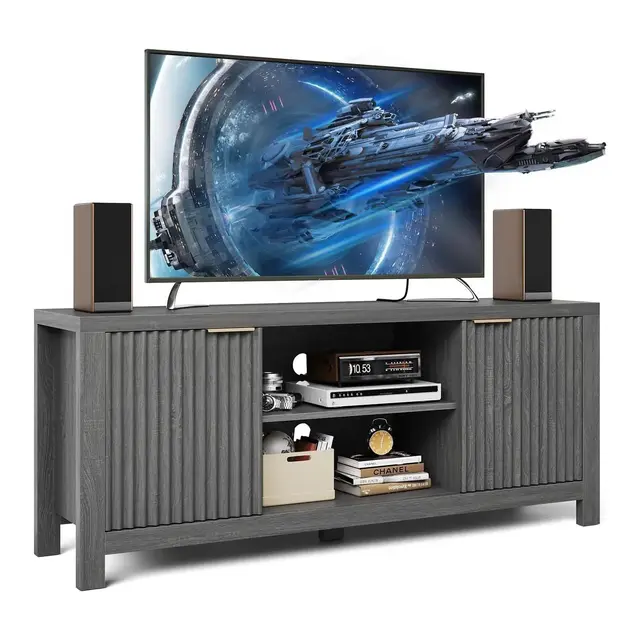 TV Stand 65 Inches, Mid Century Modern TV Entertainment Center with Storage Cabinets & Open Shelves, Wood TV Cabinet for Living Room,Gery