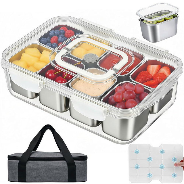 Snackle Box Container with Ice Pack, 304 Stainless Steel Divided Serving Tray, Snacklebox with Insulated Bag, 8 Compartment Platter Box with Lid and Handle for Beach, Road Trip, Boat Days, Pool Party