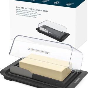 KITCHENDAO Airtight Flip-Top Butter Dish with Lid and Knife Spreader for Countertop and Refrigerator, Butter Keeper, Plastic Butter Holder Tray for 2 Sticks East Coast/ West Coast (Black)