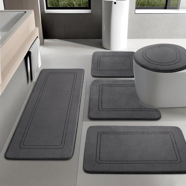 YIHOUSE Dark Grey Memory Foam Bathroom Rug Set 5 Piece, Absorbent Bathroom Mat Set, Non Slip Bath Mats for Bathroom Washable Dry Quickly Bath Rug Set for Bathroom Floor, Dark Grey Bath Mat Set 5 Piece