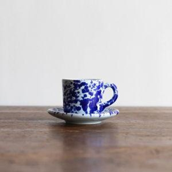 Ceramic Splatter Coffee Cup with Saucer - in Light Blue / Blue Splatter
