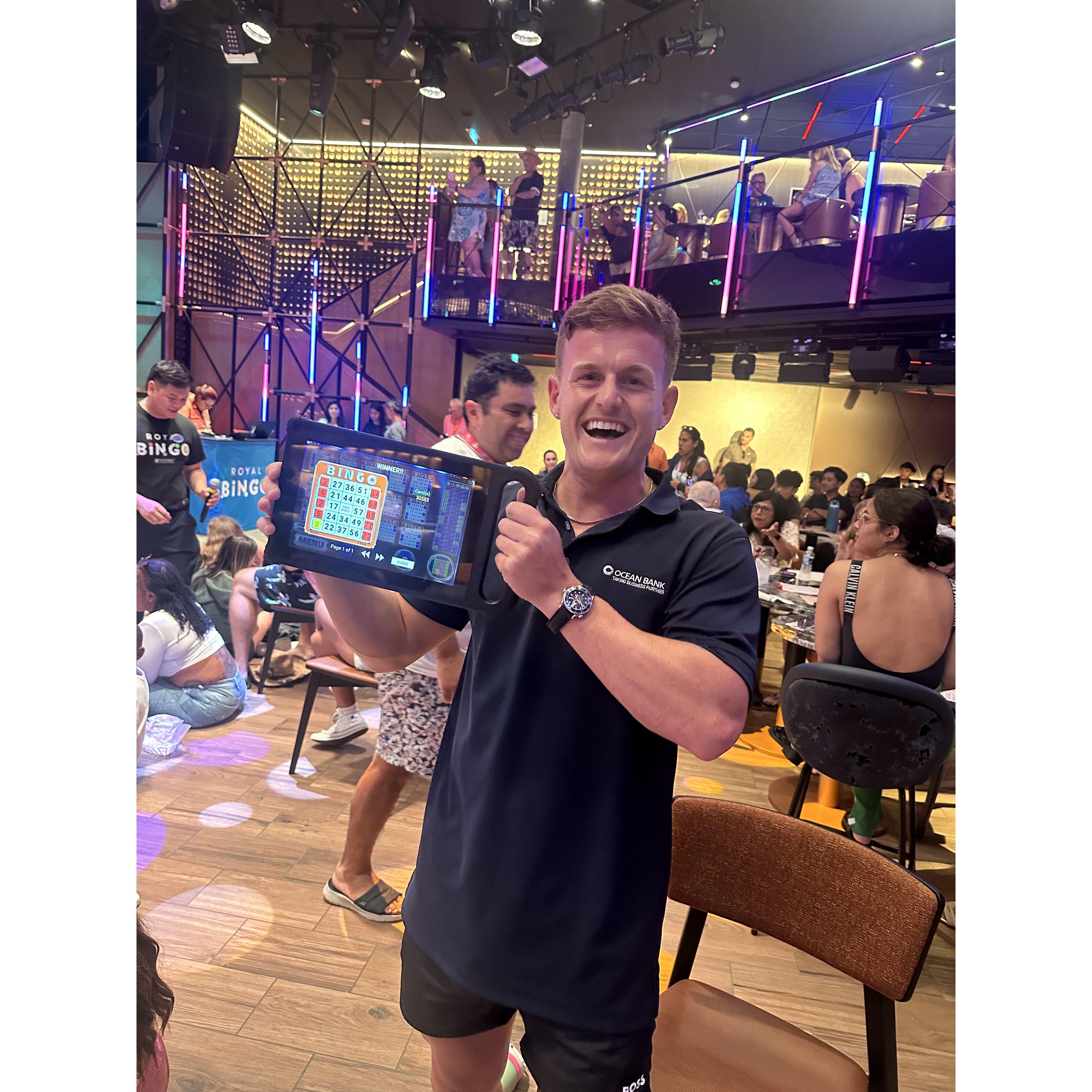 Fun Fact! During the cruise Alex proposed to Emily on, Alex won three BINGO games in a row!