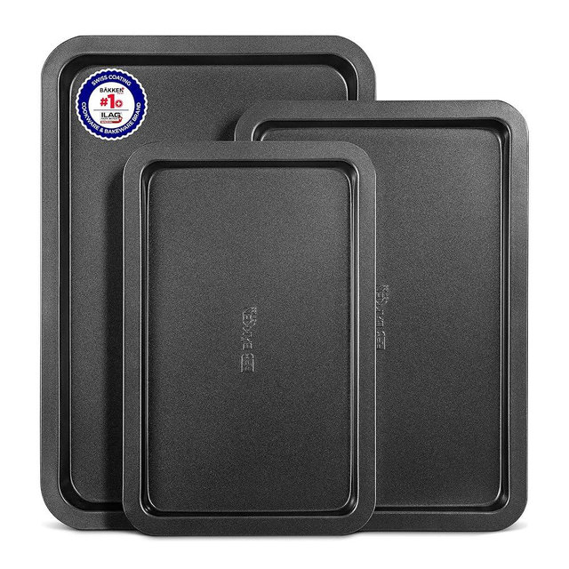 3 Piece Set Nonstick Carbon Steel Oven Bakeware -Professional Quality Kitchen Cooking Baking Trays -PFOA, PFOS, PTFE-Free Small, Medium & Large Baking Sheet Pans