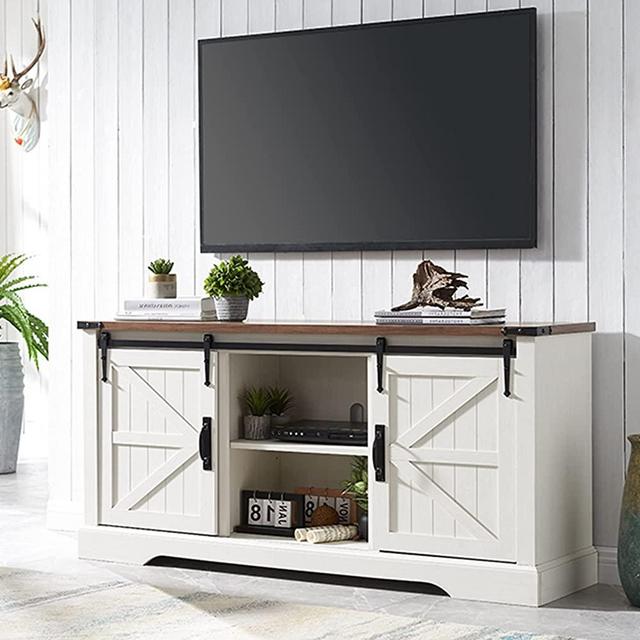 OKD TV Stand for 65+ Inch TV, Modern Farmhouse Entertainment Center with Sliding Barn Door, Wood Rustic Media Console Cabinet with Adjustable Shelf for Living Room, Antique White
