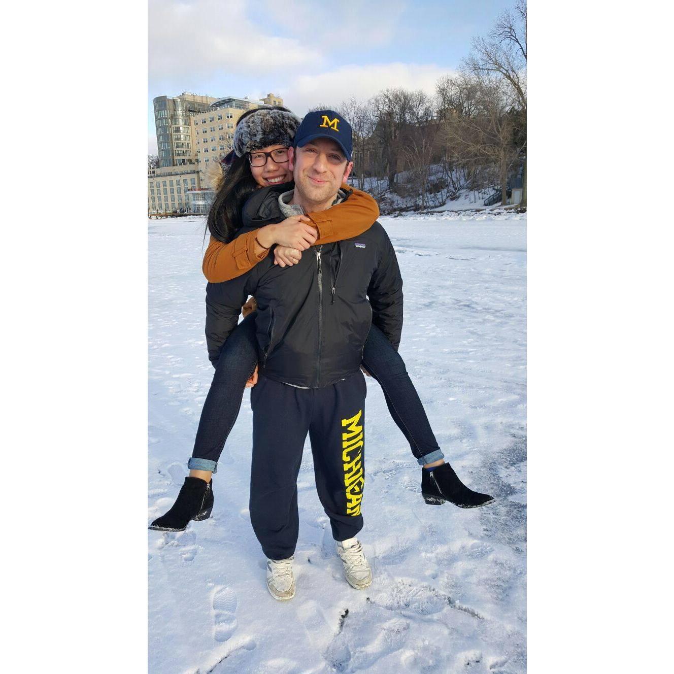 Visiting our friend Callistus in Madison, WI. Walking on the frozen Lake Mendota.