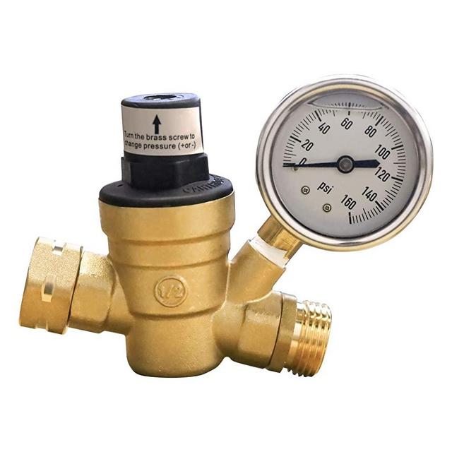 Xiny Tool Water Pressure Regulator for RV Camper, Adjustable Brass RV Water Pressure Reducer with Gauge and Stainless Screened Filter