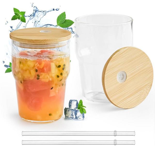 FECBK 12 oz Glass Cups with Lids and Straws 2 Pack Wide Mouth Iced Coffee Cups Reusable Drinking Glasses for Smoothie, Cocktail Beer, Soda, Fruit Juice, BPA Free with Bamboo Lids