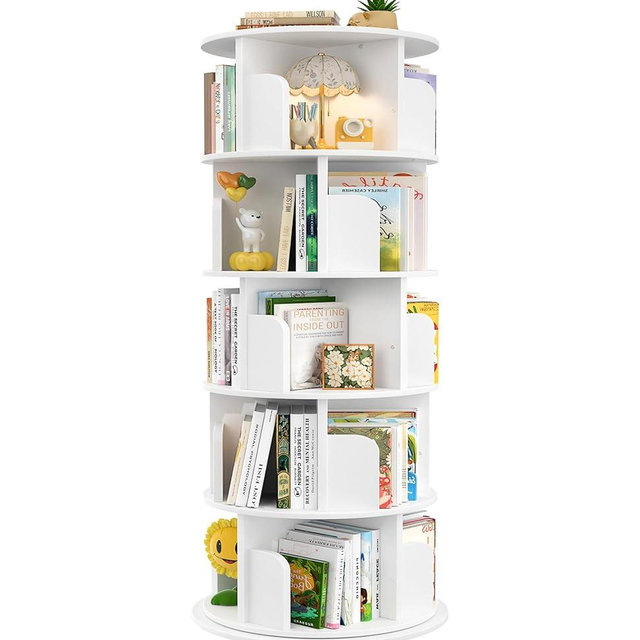 Aheaplus Rotating Bookshelf, 360 Display Wood Spinning Bookshelf Tower, 5 Tier Floor Standing Bookcase Storage Rack, Revolving Bookcase Corner Bookshelf for Small Space, Bedroom, Study Room, White