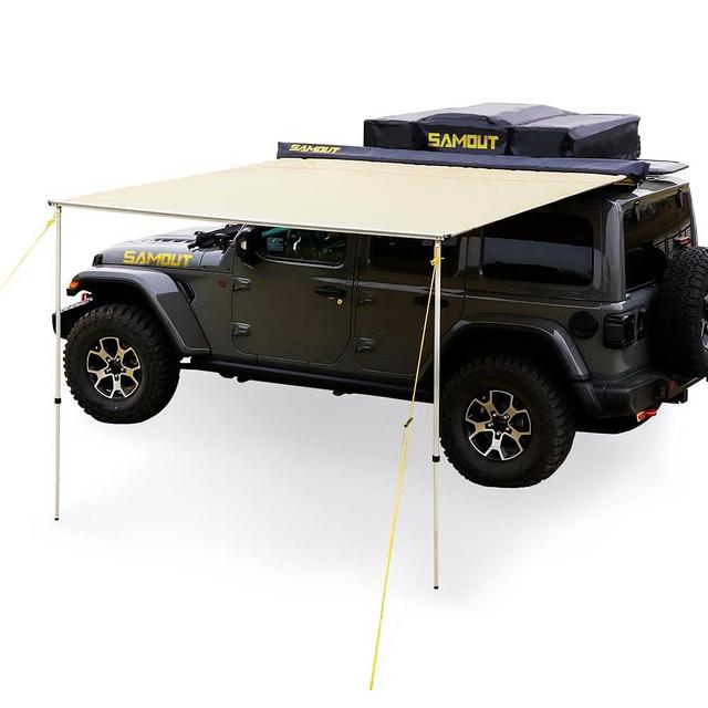 SAMOUT Vehicle Awning, 4.6ft x 6.6ft, Rooftop Pullout Ripstop UPF50+ Side Awning, Reinforced Hinges & Poles for Jeep/SUV/Truck/Van