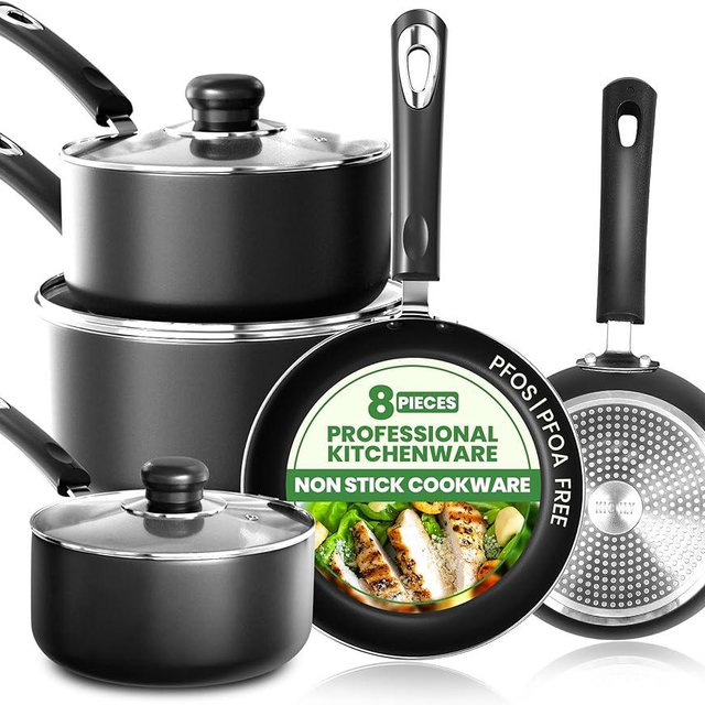 KICHLY 8 Piece Pots and Pans Set, Non Stick Kitchen Cookware Set with 20cm & 28cm Frying Pans and 16cm, 18cm, 20cm Saucepans with Lids, Induction Compatible Pots and Pans Set Non Stick, Black