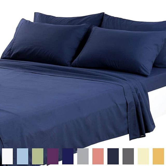 TEKAMON King Bed 6 Piece Sheet Set Cooling 100% Microfiber Polyester Extra Deep Pocket Fitted Sheet Luxury Soft,Breathable,Wrinkle and Fade Resistant Flat Sheet Navy Blue
