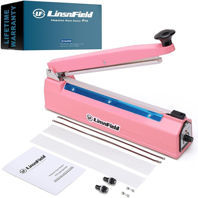 LinsnField Sealer Pro, Patented 8-inch Impulse Heat Sealer, 2-mm Sealing Width Super Heavy Duty Bag Sealing Machine with Extra 2 Replacements, 1Fuse Included, Pink