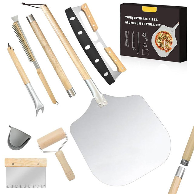 7PCS Pizza Oven Accessories Kit – Premium Pizza Making Tools Set for Home & Outdoor Ovens – Includes Pizza Peel, Oven Brush, Bubble Popper Turner, Rocker Cutter, Dough Roller & Scraper