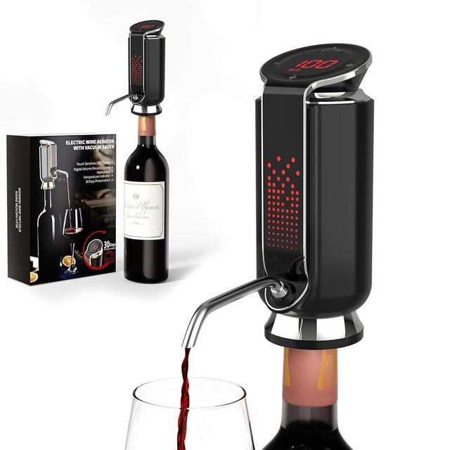 Newise Luxurious 3-in-1 Electric Wine Aerator, Decanter, Dispenser & Vacuum Pump. Touch Screen LED Display - Wine Preservation System with Temp Monitor, Gift for Wine Lovers Women Men (Black/Silver)