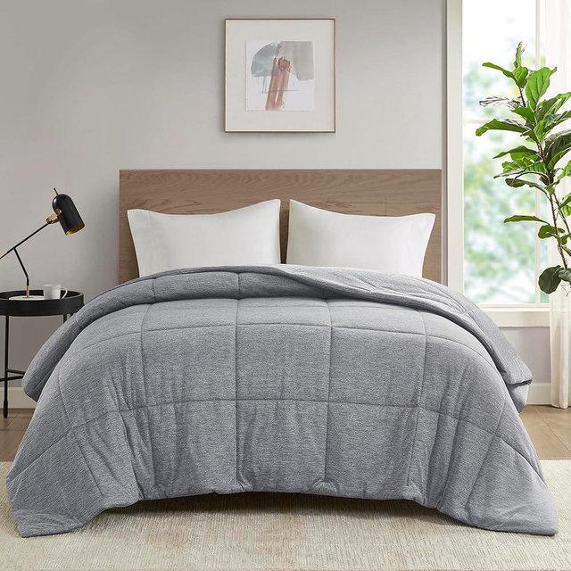 Urban Habitat King Comforter Set, Cozy Soft Jersey Knit Bedding, Box Quilting & Heathered Design, Cool to Touch, Lightweight All Seasons Down Alternative Bed Set, King/Cal King Grey 4 Piece