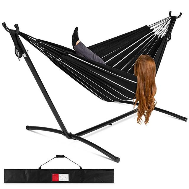 Best Choice Products 2-Person Indoor Outdoor Brazilian-Style Cotton Double Hammock Bed w/Carrying Bag, Steel Stand - Onyx