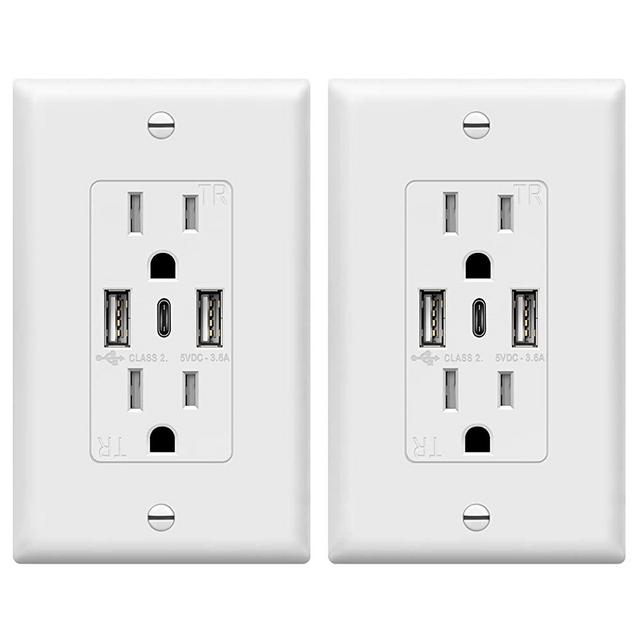 TOPGREENER USB Outlet, 3-Port Type C USB Wall Outlet, 15 Amp Tamper-Resistant Receptacle Plug, Charging Power Outlet with USB Ports, UL Listed, TU21536AC3-2PCS, White, 2 Pack