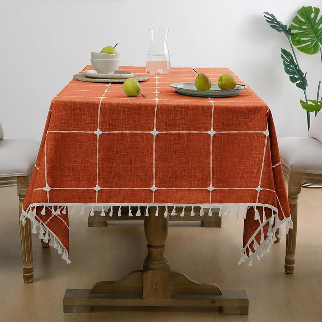 Softalker Fall Tablecloth Rectangle, Waterproof Linen Cotton Farmhouse Table Cloths with Tassel, Heavy Weight Wrinkle Free Table Cover for Dining/Party/Rustic - 55 x 70 Inch, Burnt Orange Plaids