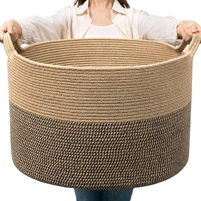 TIMEYARD Extra Large Woven Basket, 21.7'' x 13.8'' Wicker Blanket Basket Living Room Dog Toy Bin, Laundry Basket for Dirty Clothes, Shoe Basket for Entryway, 90L Black & Jute