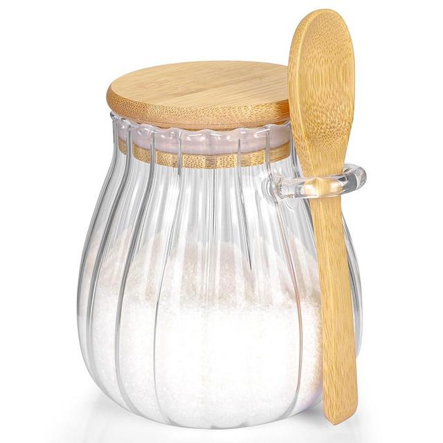 holoith Sugar Container with Bamboo Lid and Spoon,15 oz Sugar Bowl Glass Jar for Coffee Bar Accessories Coffee Canister Kitchen Decor Housewarming Gift Christmas Refillable Design
