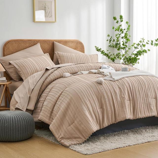 WURUIBO King Size Comforter Set,7 Pieces Bed in a Bag Beige Tufted Comforters King Size,Stripe Textured Soft Microfiber All Season Bedding Set(Beige,King)