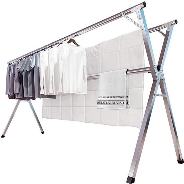 JAUREE Clothes Drying Rack, 1.6M/63 Inches Stainless Steel Garment Rack Adjustable and Foldable Space Saving Laundry Drying Rack for Indoor Outdoor with Windproof Hooks