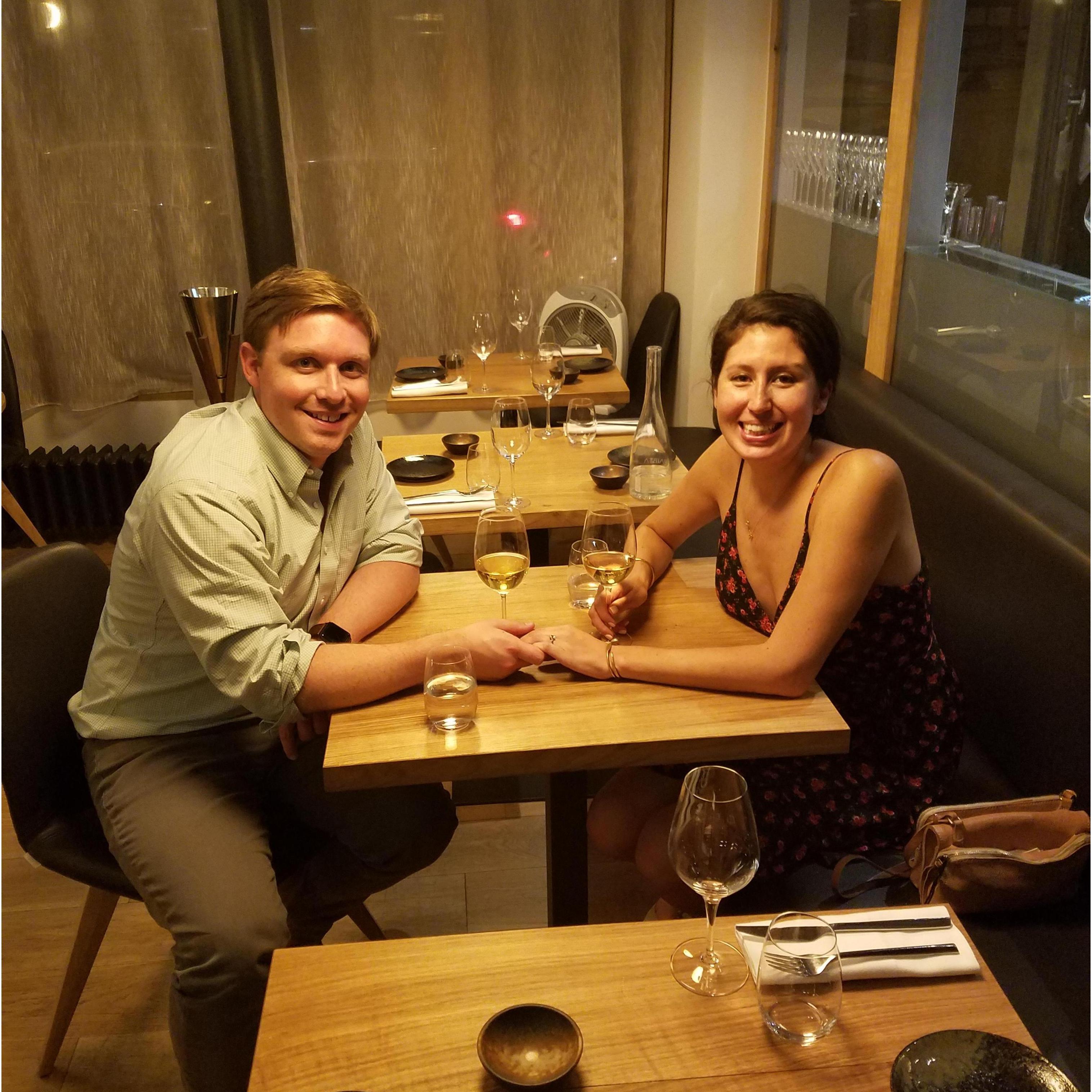 Lauren and Drew's engagement dinner at Baeita in the St. Germain district. Here we are so tired, so happy, and filled with champagne.