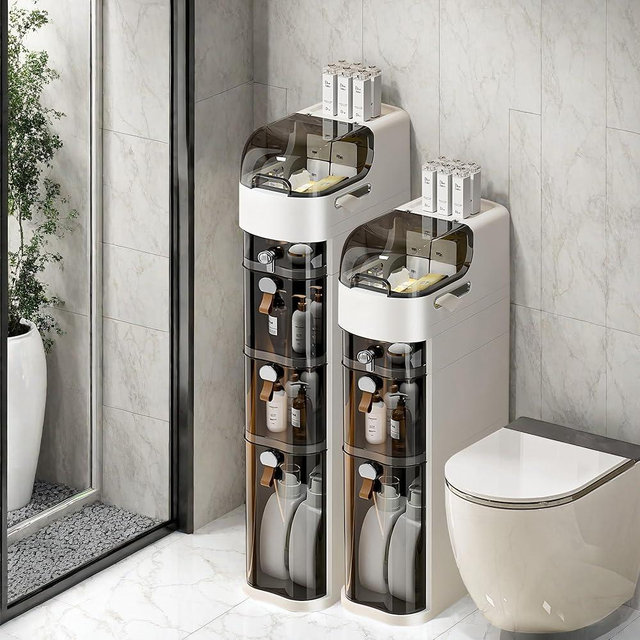 MOSAMNI 4-Tiers Slim Bathroom Storage Cabinet, Waterproof Narrow Storage Cabinet with Drawers for Small Spaces, Bathroom, Kitchen, Laundry, Living Room