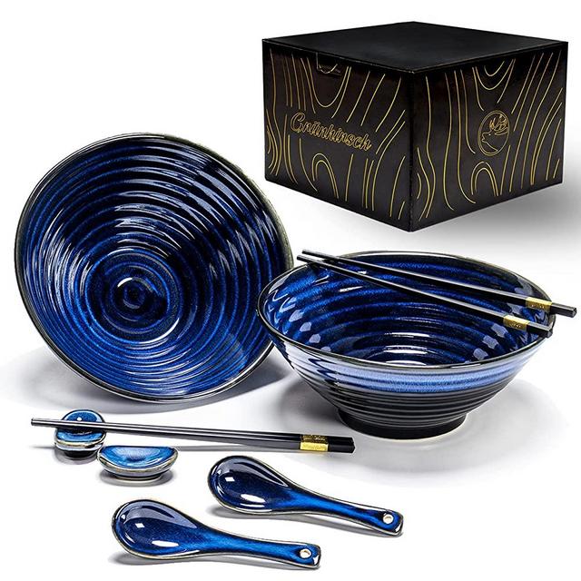 Grünhirsch Unbreakable Ramen Bowls Set of 2 (8 Pcs) – 44 Oz Exclusive Ceramic Pho Bowls Ideal for Ramen Noodles, Salad, Soup & Pasta - Japanese Dinnerware Asian Chopsticks & Spoons
