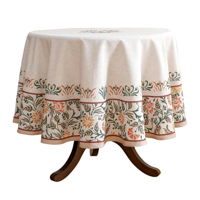 ISAENNE Floral Tablecloth for Round Tables,Linen Table Cloth with Double-Edged Lily Pattern,Heavy Durable Table Cover for Dining Thanksgiving Kitchen Decor Party Christmas,Diameter 55"